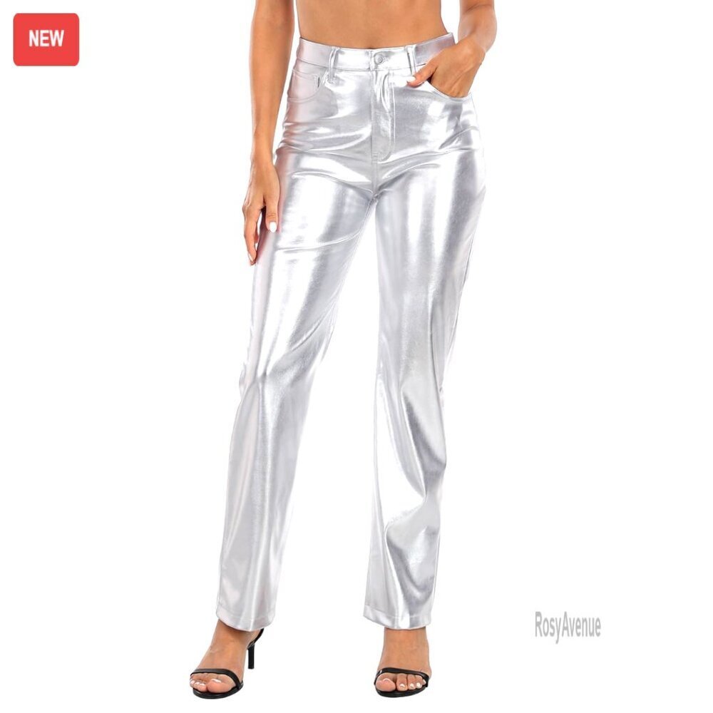High Waisted Metallic Faux Leather Pants Straight Leg 30" Inseam